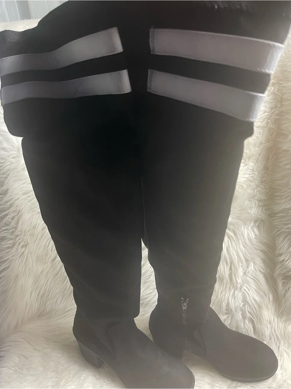 Lust For life Over-the-Knee Black Fabric Block Heel Boots white Stripes SZ9M